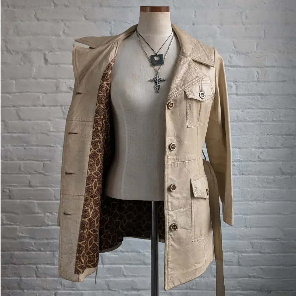 70s Vintage White Genuine Leather Trench Coat Minimalist Boho Moto Biker Jacket - Picture 2 of 8